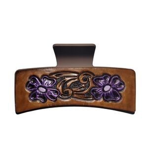 Handcrafted Tooled Leather Double Side Floral Design Hair Claw Clip